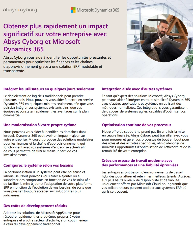 Visuel infographie obtenez plus rapidement un impact sur votre entreprise avec Absys Cyborg et Microsoft Dynamics 365